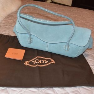 TOD'S Corniche Light Blue Suede Shoulder Bag
